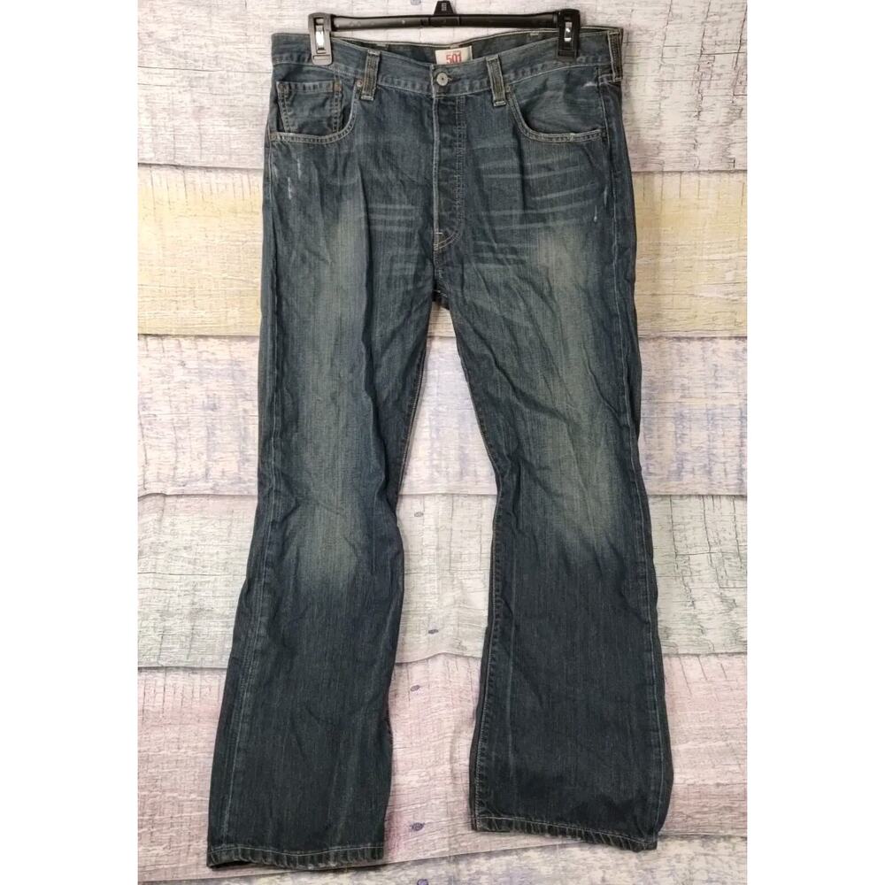Levis 501 Jeans Mens Blue Distressed Button Fly Denim Tag 38x32 Actual 36x31